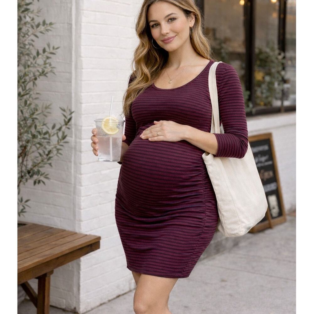 Isabel Maternity Medium Striped Bodycon Dress Burgundy Navy Ruched Stretch Bump
